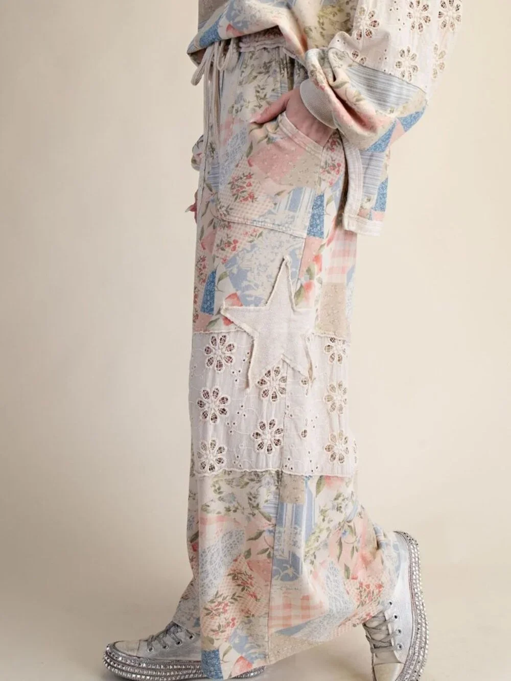 EASEL PATCHWORK PRINT WASHED COTTON TERRY TOP PANTS SET white blue pink lounge - Picture 6 of 9
